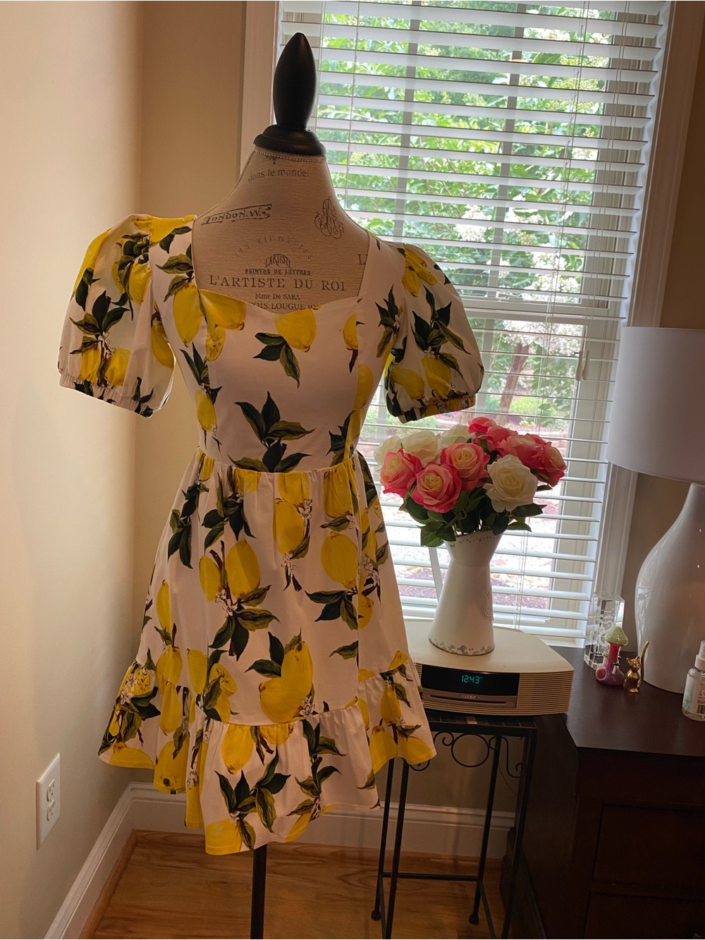 English Factory White Lemon-Print Puff Sleeve Mini Dress